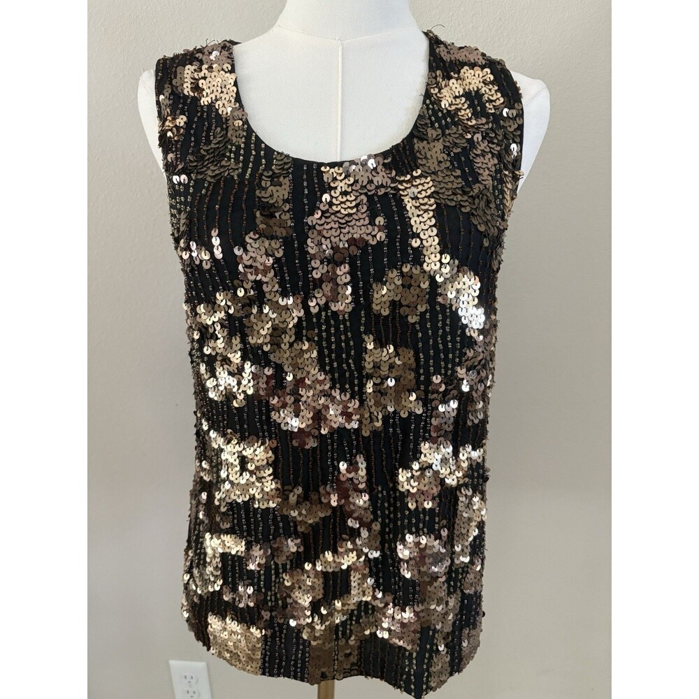 Chico’s Size 0 Sequin Beaded Top Gold Bronze Black Sleeveless Party NWOT